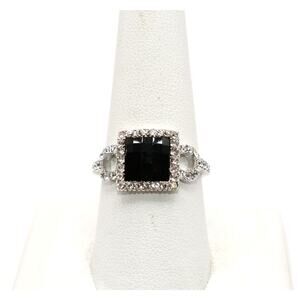 Vintage Black Stone Ring Clear Rhinestones Silver Tone Size 9